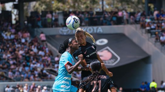 Angel City Defender Sarah Gorden (11) going for a header during a NWSL soccer game against the Chicago Red Stars,Sunday, September 1st, 2024 in Los Angeles, California 