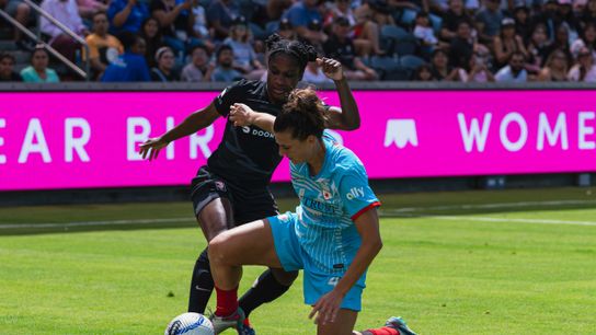 Angel City Defender Jasmyne Spence (3) fighting for possession of the ball during a NWSL soccer game against the Chicago Red Stars,Sunday, September 1st, 2024 in Los Angeles, California 