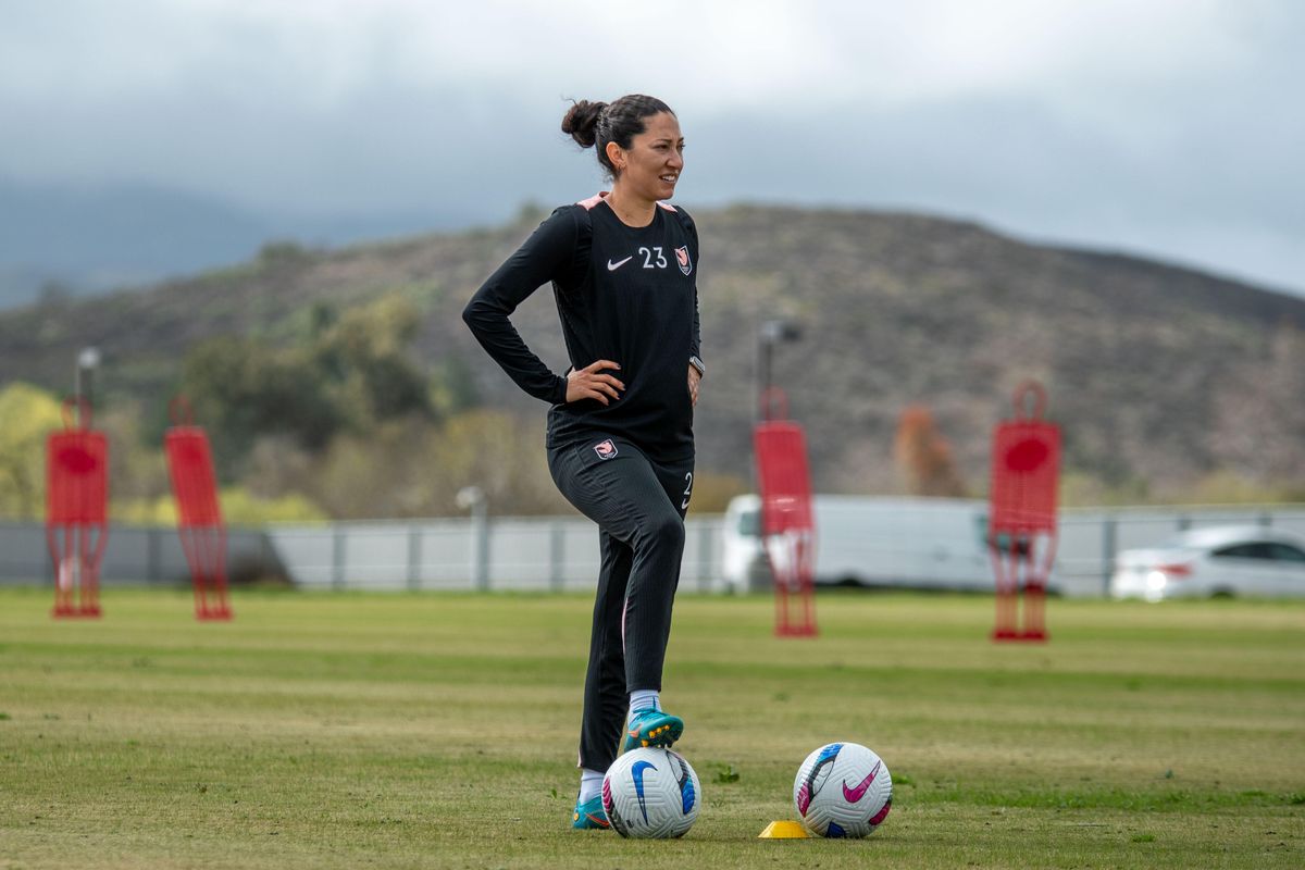 Angel City FC attacker Christen Press during practice outside the performance center, Friday February 14, 2025 in Thousand Oaks, Calif.