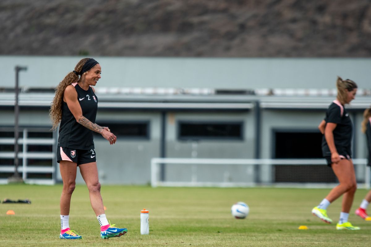 Angel City FC attacker Sydney Leroux during practice outside the performance center, Friday February 14, 2025 in Thousand Oaks, Calif.