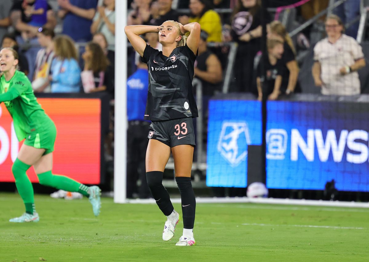 Angel City FC defender (33) Riley Tiernan reacts a missed shot on goal against the Utah Royals on May 9, 2025 in Los Angeles, CA.