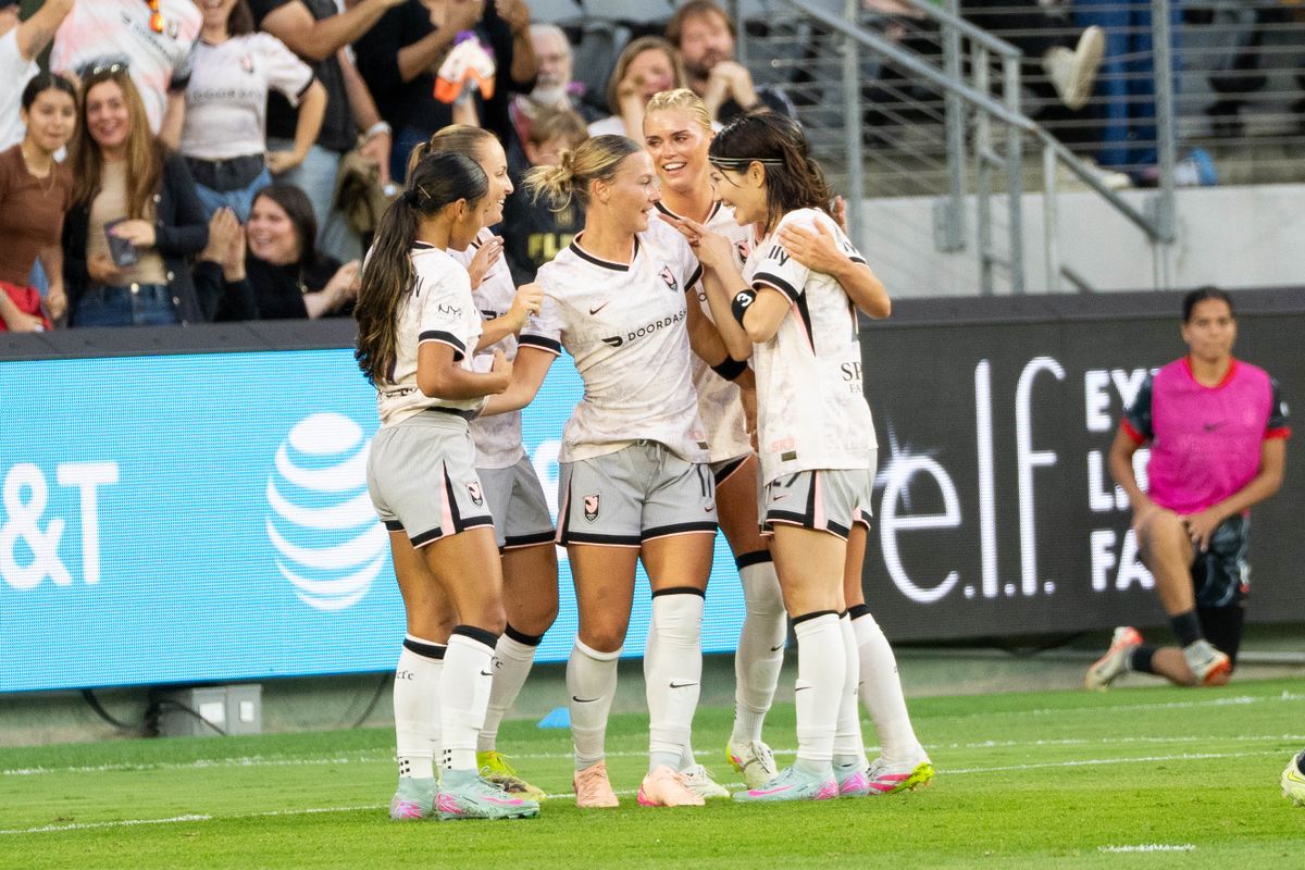  Angel City FC celebrating a goal at an NWSL game against the Chicago Stars on Saturday June 7th, 2025 in Los Angeles, California. 