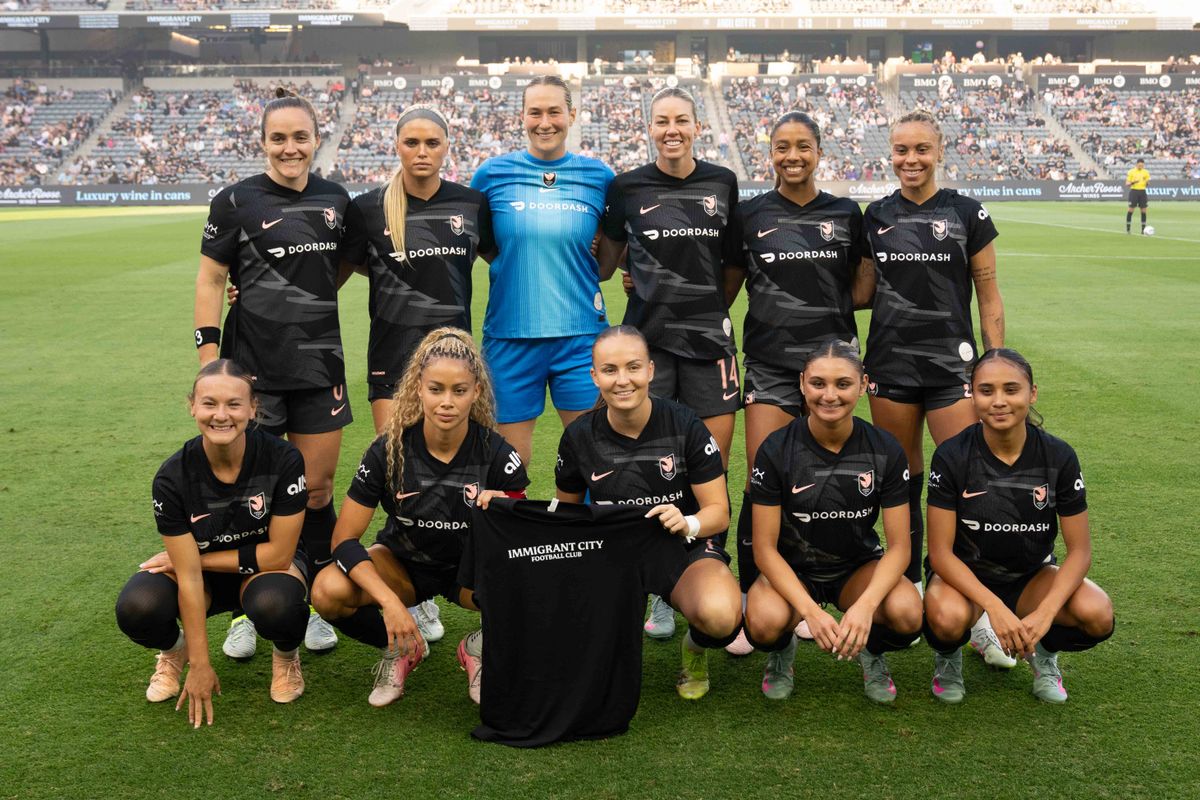 Angel City FC starting XI at an NWSL game against the NC Courage on Saturday June 14th, 2025 in Los Angeles, California. 
