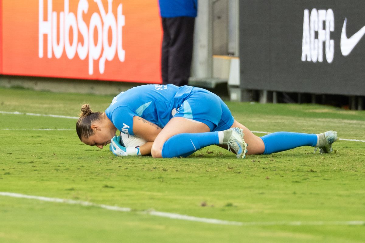 Angel City FC keeper Angelina Anderson (19) saves the ball at an NWSL game against the NC Courage  on Saturday June 14th, 2025 in Los Angeles, California. 