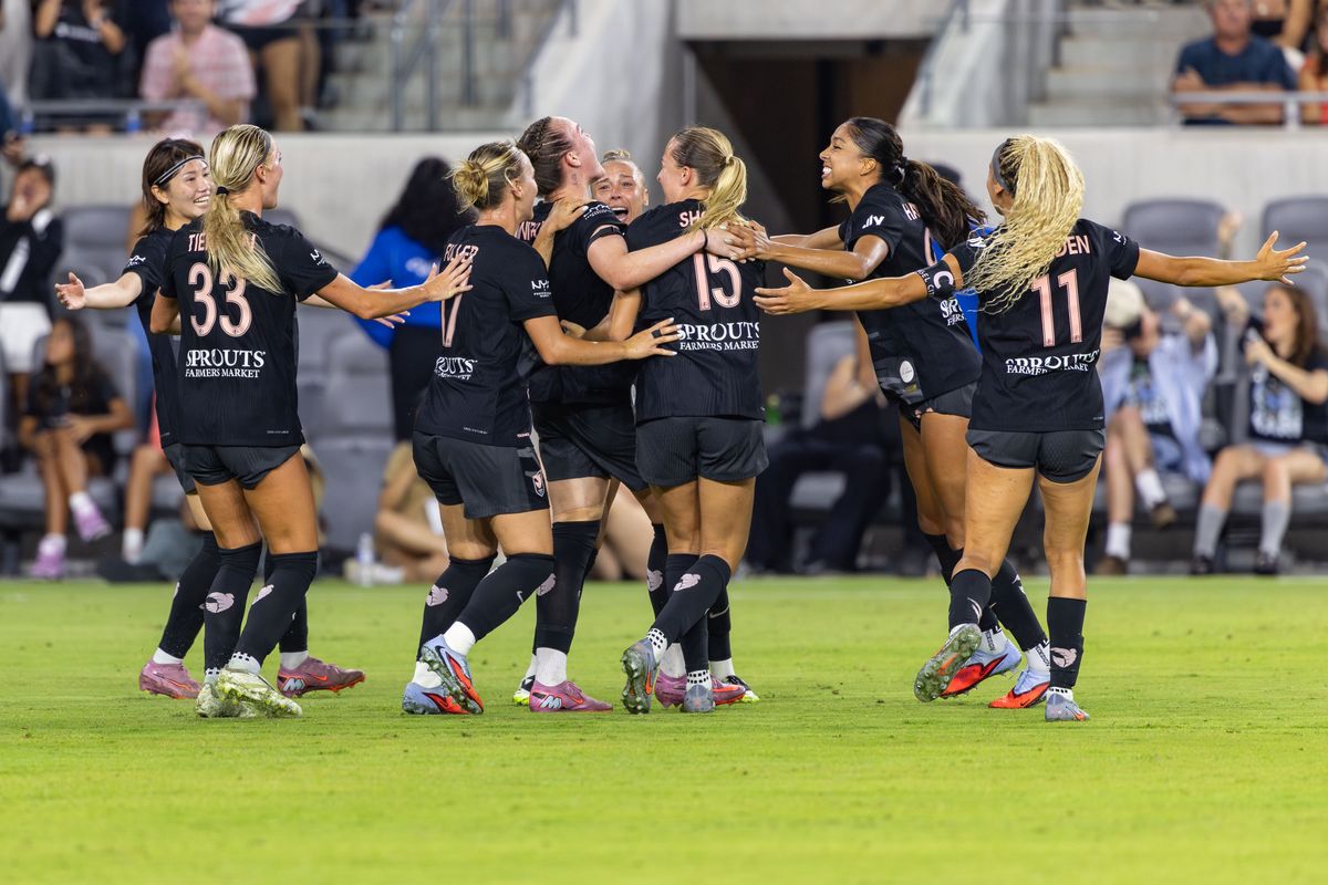 Maiara Niehues #12 of Angel City FC celebrates with her teammates after scoring the go ahead goal during an NWSL match against Bay FC at BMO Stadium on September 1, 2025 in Los Angeles, California.