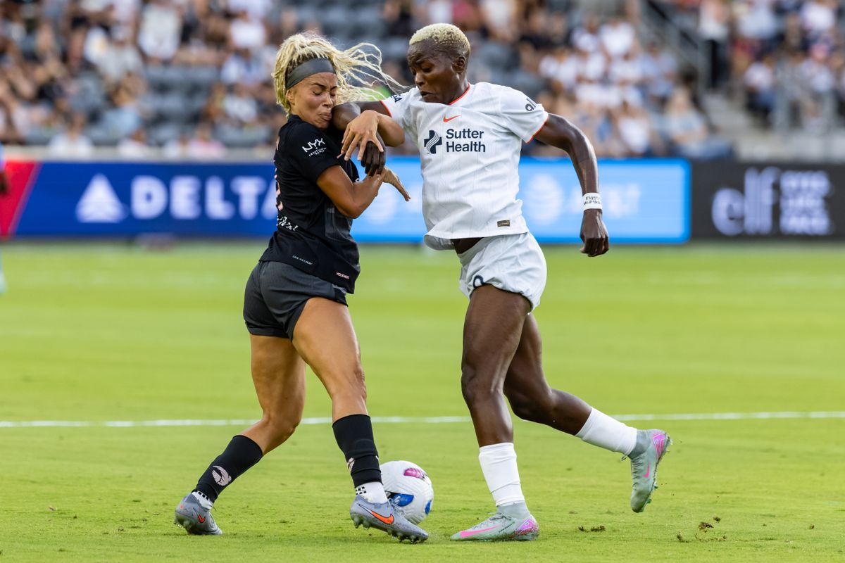 Racheal Kundananji #9 of Bay FC elbows Sarah Gorden #11 of Angel City FC in the face during an NWSL match at BMO Stadium on September 1, 2025 in Los Angeles, California.