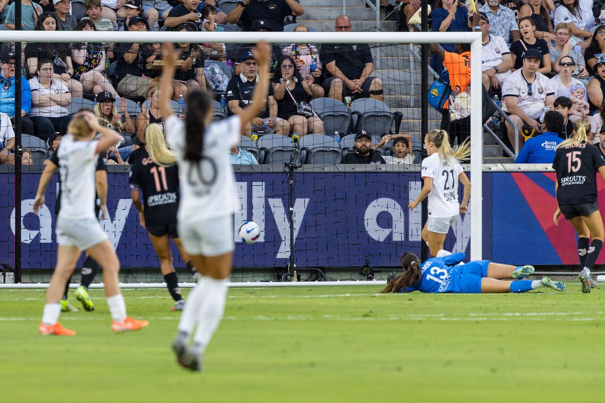 Rachel Hill #21 of Bay FC scores a goal during an NWSL match against Angel City FC at BMO Stadium on September 1, 2025 in Los Angeles, California.