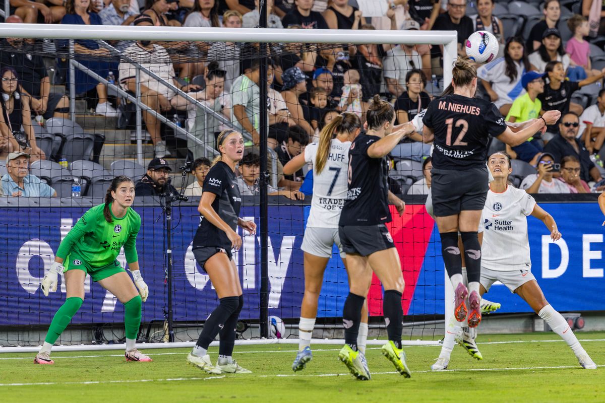 Maiara Niehues #12 of Angel City FC heads a ball into the net for the go-ahead goal during an NWSL match against Angel City FC at BMO Stadium on September 1, 2025 in Los Angeles, California.
