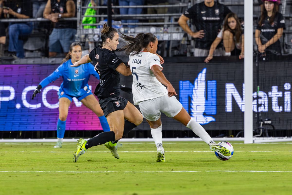 Karlie Lema #5 of Bay FC takes a shot on goal during an NWSL match against Angel City FC at BMO Stadium on September 1, 2025 in Los Angeles, California.