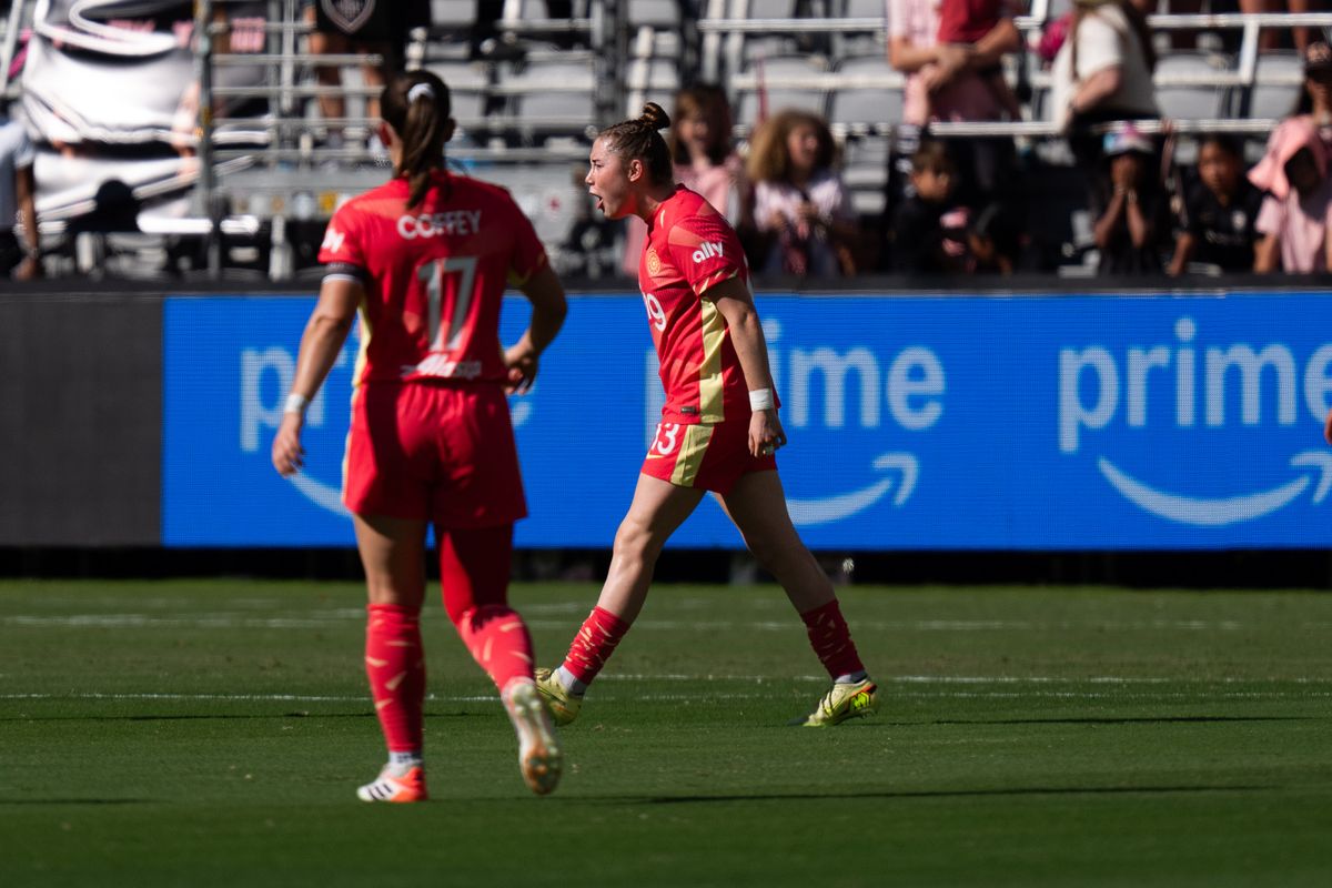 Portland Thorns midfielder Olivia Moultrie (13) celebrates after scoring a goal against Angel City FC, Sunday, Oct. 19, 2025, at BMO Stadium in Los Angeles, Calif.