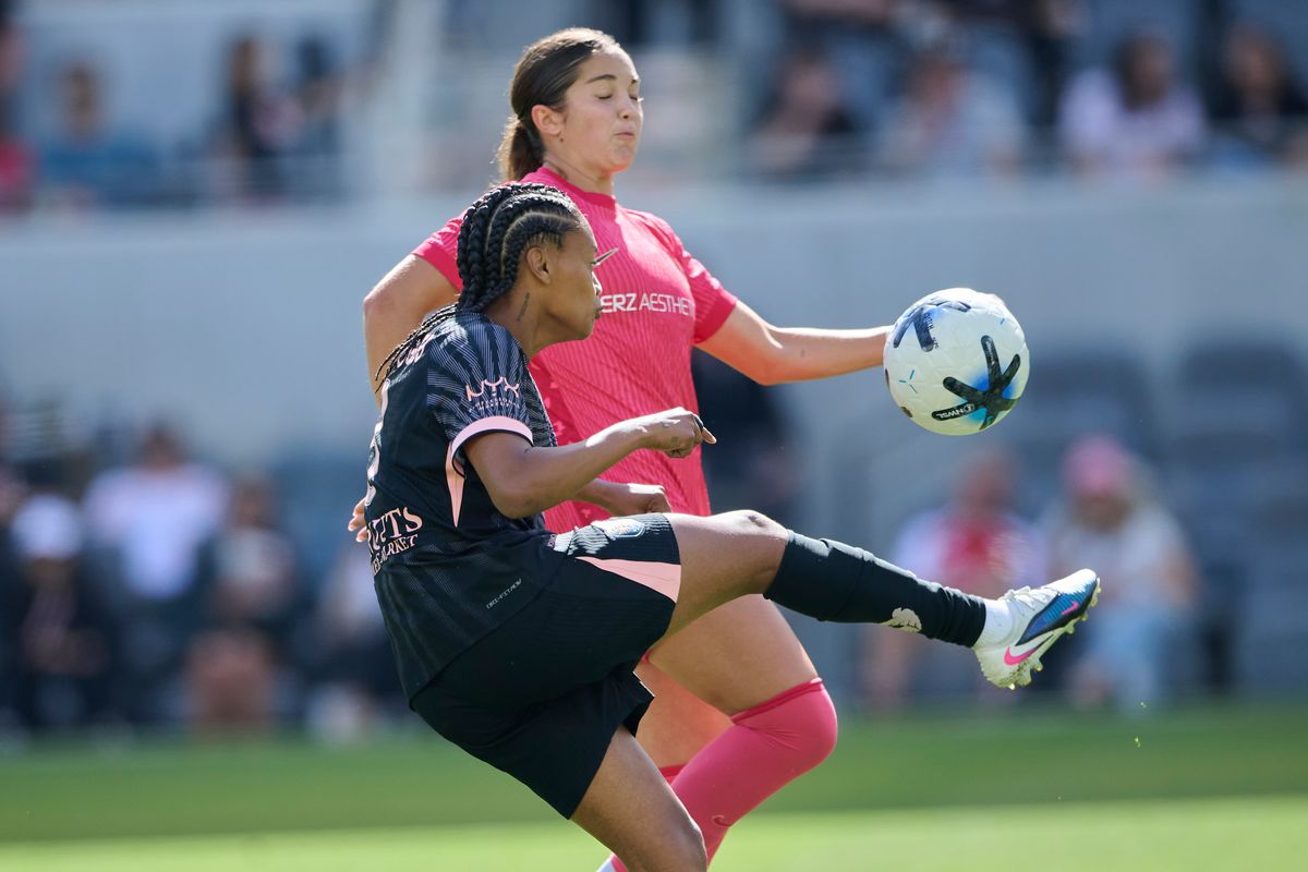 The Angel City FC Midfielder Ary Borges #8 fights for the ball during an NWSL game against The North Carolina Courage on May 31st, 2026 at BMO Stadium in Los Angeles , California.