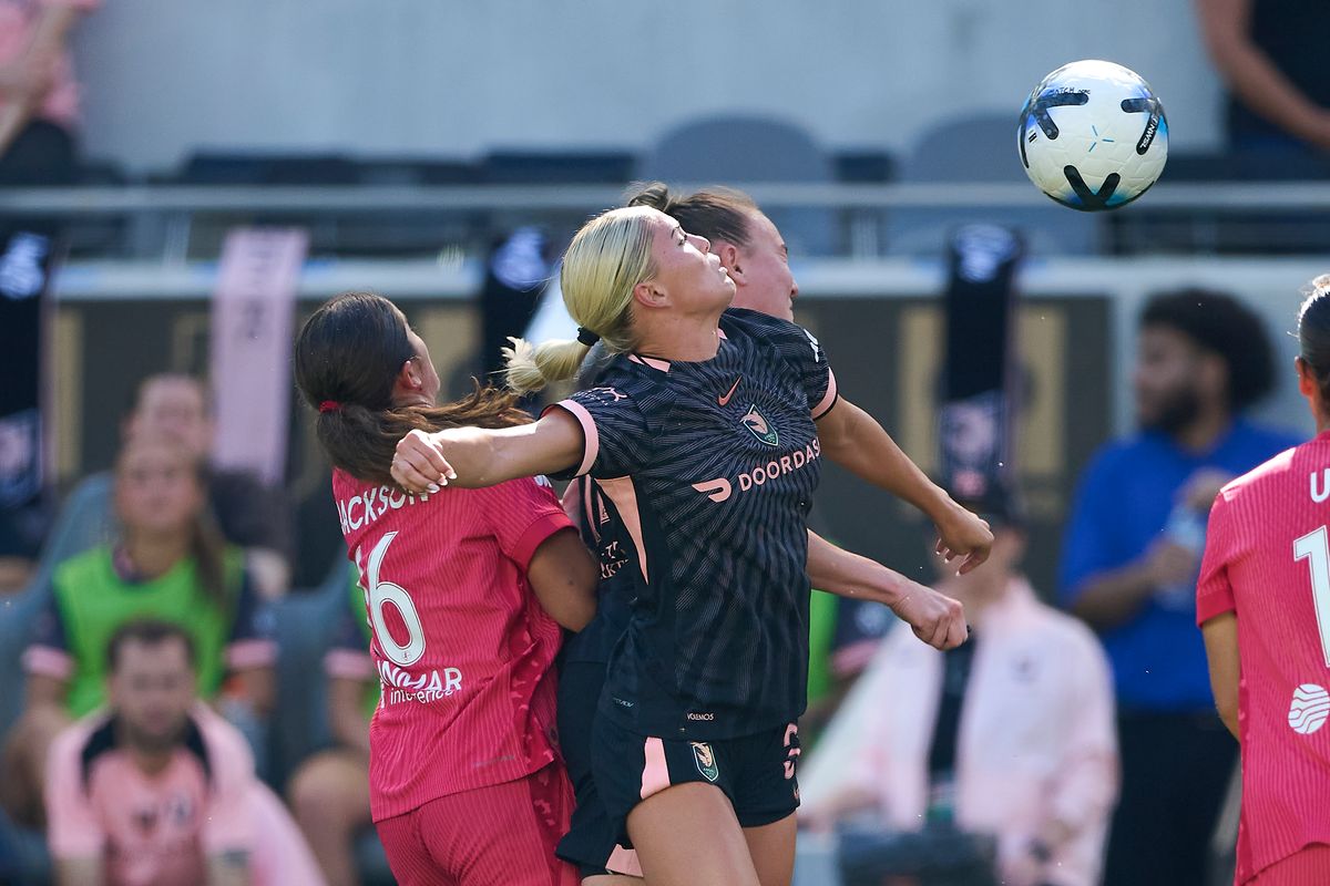 The Angel City FC Attacker Riley Tiernan #33 fights for the ball during an NWSL game against The North Carolina Courage on May 31st, 2026 at BMO Stadium in Los Angeles, California.