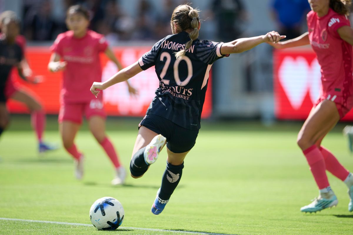 The Angel City FC Defender Gisele Thompson #20 passes during an NWSL game against The North Carolina Courage on May 31st, 2026 at BMO Stadium in Los Angeles, California.