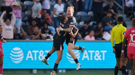 Maiara Niehues scores Angel City's lone goal in 2-1 loss to North Carolina Courage  taken at BMO Stadium (Angel City FC). Photo by Jon Bryan - The Sporting Tribune