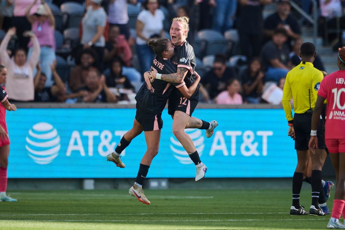 The Angel City FC Midfielder Maiara Niehues #12 celebrates a goal during an NWSL game against The North Carolina Courage on May 31st, 2026 at BMO Stadium in Los Angeles, California.