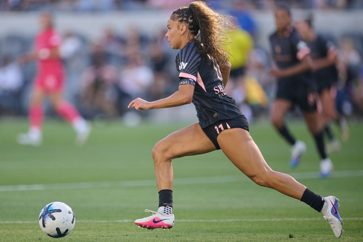 The Angel City FC Defender Sarah Gorden #11 runs with the ball during an NWSL game against The North Carolina Courage on May 31st, 2026 at BMO Stadium in Los Angeles, California.