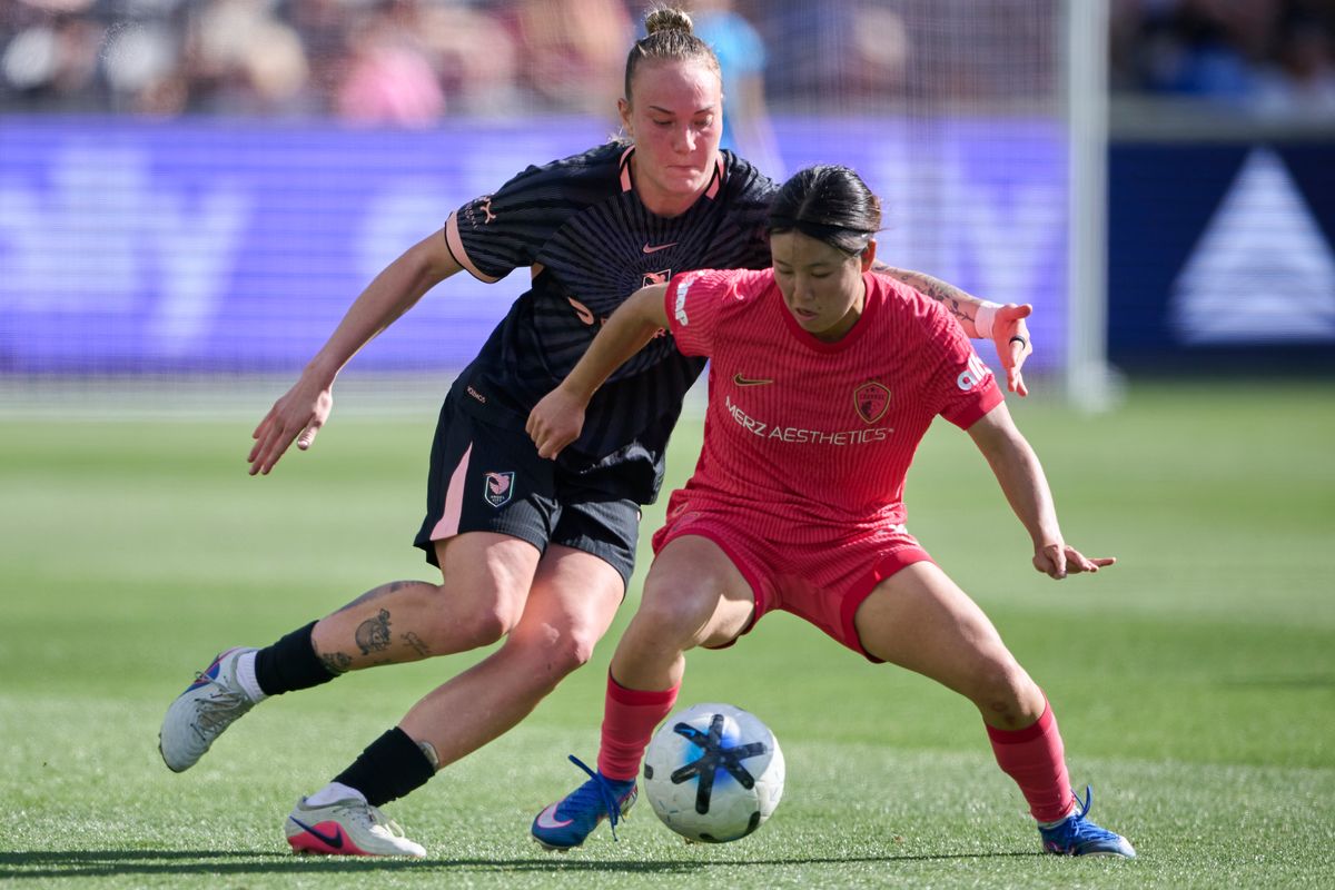 The Angel City FC Midfielder Maiara Niehues #12 fights for the ball during an NWSL game against The North Carolina Courage on May 31st, 2026 at BMO Stadium in Los Angeles, California.