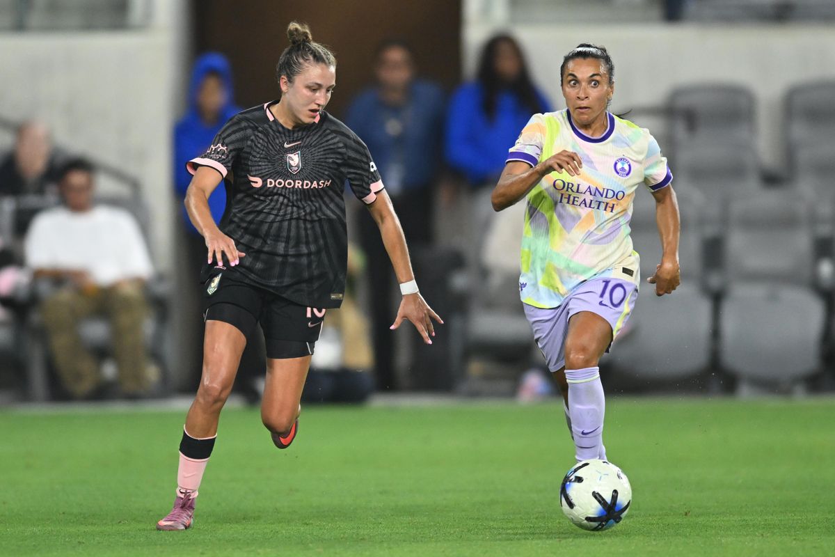 Orlando Pride SC forward Marta (10) dribbles the ball during a match between Orlando Pride SC and Angel City FC on Friday, July 3, 2026 at BMO Stadium in Los Angeles California Orlando Pride SC forward Marta (10) dribbles the ball during a match between Orlando Pride SC and Angel City FC on Friday, July 3, 2026 at BMO Stadium in Los Angeles California