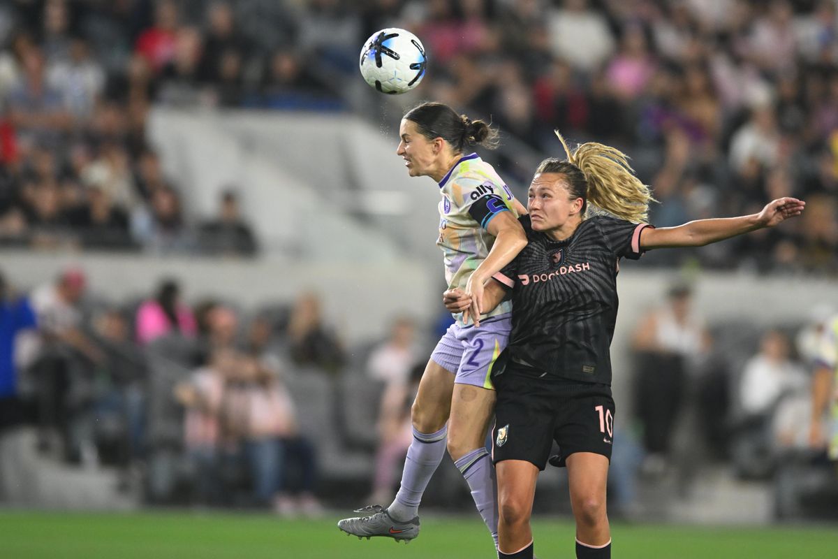 Orlando Pride SC midfielder Haley McCutcheon (2) heads the ball during a match between Orlando Pride SC and Angel City FC on Friday, July 3, 2026 at BMO Stadium in Los Angeles California Orlando Pride SC midfielder Haley McCutcheon (2) heads the ball during a match between Orlando Pride SC and Angel City FC on Friday, July 3, 2026 at BMO Stadium in Los Angeles California