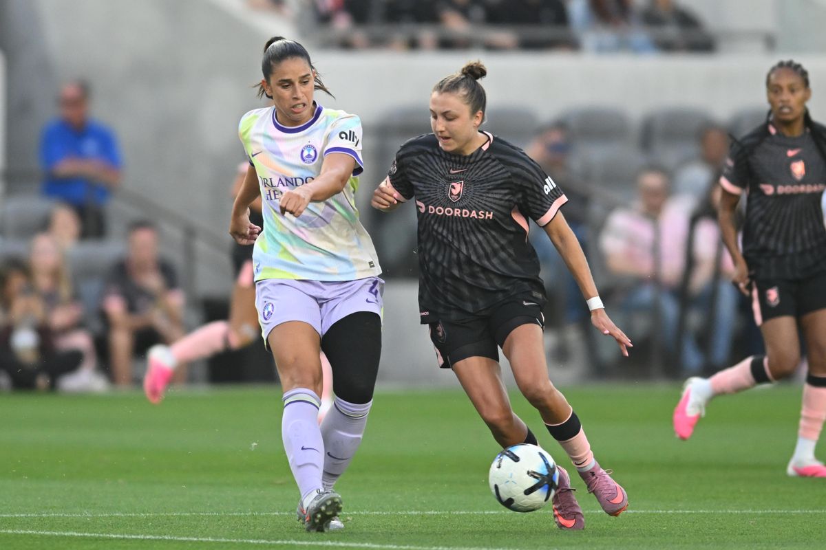 Angel City FC midfielder Carina Lageyre (16) battles for control of the ball against Orlando Pride SC defender Rafaelle (4) during a match between Orlando Pride SC and Angel City FC on Friday, July 3, 2026 at BMO Stadium in Los Angeles California Angel City FC midfielder Carina Lageyre (16) battles for control of the ball against Orlando Pride SC defender Rafaelle (4) during a match between Orlando Pride SC and Angel City FC on Friday, July 3, 2026 at BMO Stadium in Los Angeles California