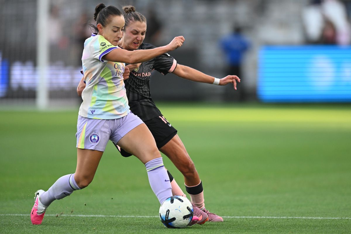Angel City FC midfielder Carina Lageyre (16) battles for control of the ball during a match between Orlando Pride SC and Angel City FC on Friday, July 3, 2026 at BMO Stadium in Los Angeles California Angel City FC midfielder Carina Lageyre (16) battles for control of the ball during a match between Orlando Pride SC and Angel City FC on Friday, July 3, 2026 at BMO Stadium in Los Angeles California