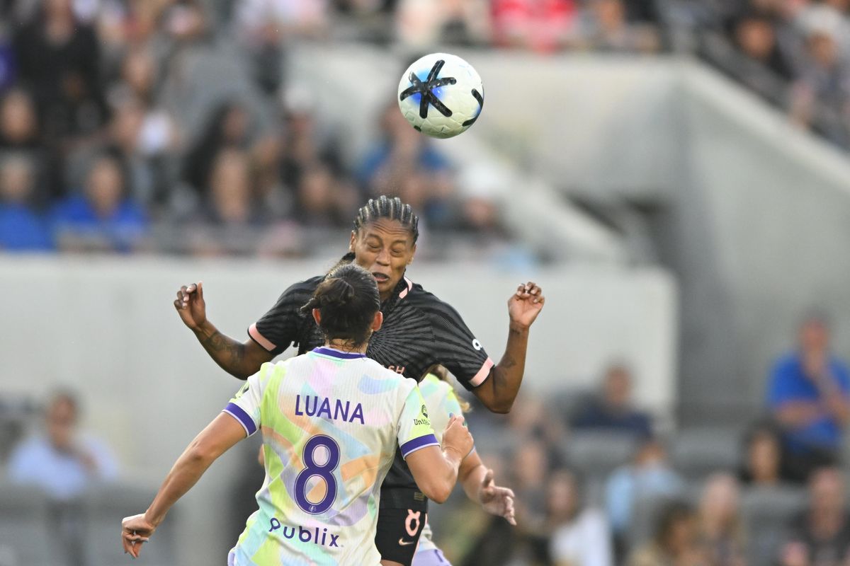 Angel City FC midfielder Ary Borges (8) heads the ball during a match between Orlando Pride SC and Angel City FC on Friday, July 3, 2026 at BMO Stadium in Los Angeles California Angel City FC midfielder Ary Borges (8) heads the ball during a match between Orlando Pride SC and Angel City FC on Friday, July 3, 2026 at BMO Stadium in Los Angeles California