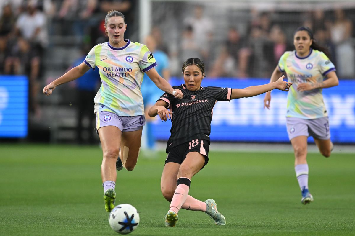 Angel City FC forward Jun Endo (18) sweeps for an interception during a match between Orlando Pride SC and Angel City FC on Friday, July 3, 2026 at BMO Stadium in Los Angeles California Angel City FC forward Jun Endo (18) sweeps for an interception during a match between Orlando Pride SC and Angel City FC on Friday, July 3, 2026 at BMO Stadium in Los Angeles California