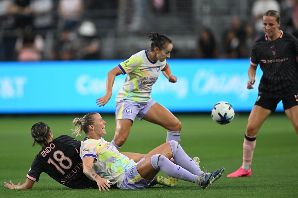 Orlando Pride SC defender Hailie Mace (5) gets tackled during a match between Orlando Pride SC and Angel City FC on Friday, July 3, 2026 at BMO Stadium in Los Angeles California Orlando Pride SC defender Hailie Mace (5) gets tackled during a match between Orlando Pride SC and Angel City FC on Friday, July 3, 2026 at BMO Stadium in Los Angeles California