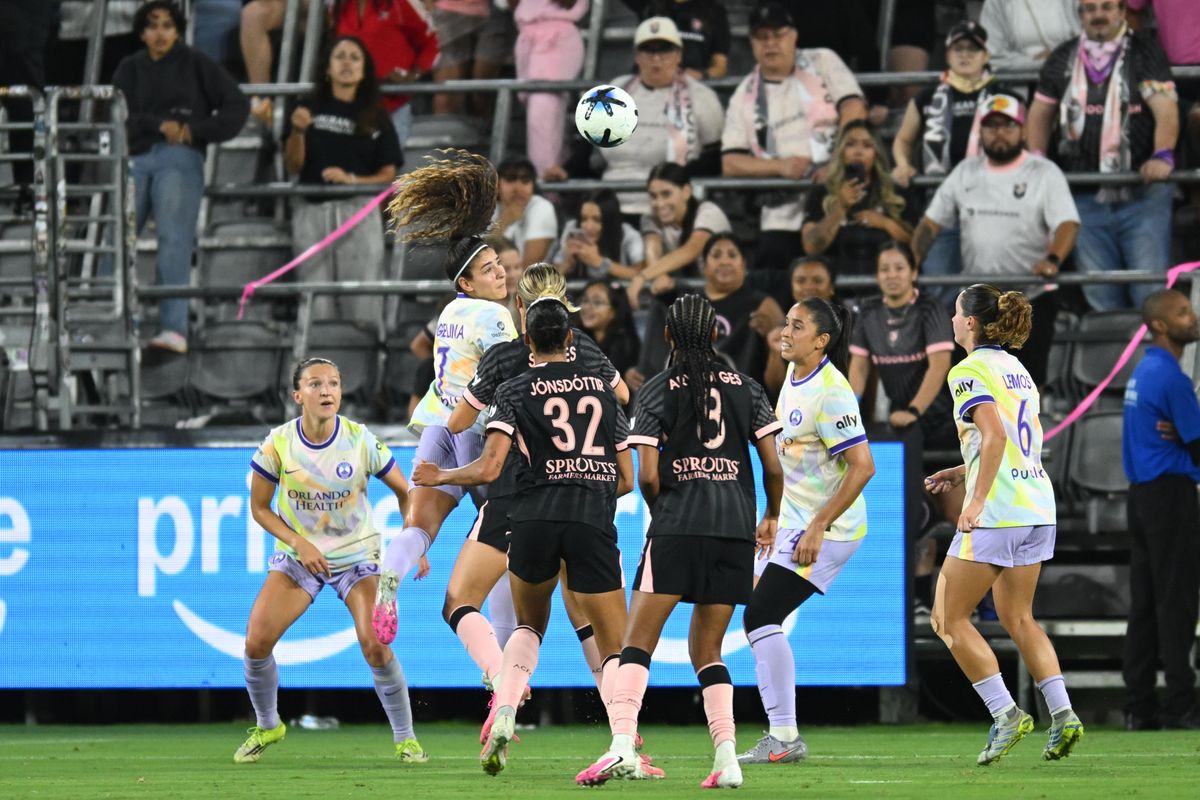 Orlando Pride SC midfielder Angelina (5) heads the ball during a match between Orlando Pride SC and Angel City FC on Friday, July 3, 2026 at BMO Stadium in Los Angeles California Orlando Pride SC midfielder Angelina (5) heads the ball during a match between Orlando Pride SC and Angel City FC on Friday, July 3, 2026 at BMO Stadium in Los Angeles California