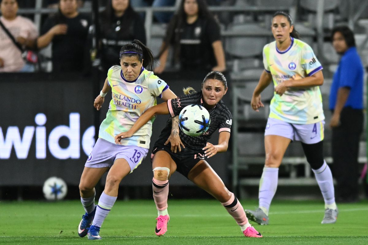 Angel City FC defender Gisele Thompson (20) battles for possession during a match between Orlando Pride SC and Angel City FC on Friday, July 3, 2026 at BMO Stadium in Los Angeles California Angel City FC defender Gisele Thompson (20) battles for possession during a match between Orlando Pride SC and Angel City FC on Friday, July 3, 2026 at BMO Stadium in Los Angeles California