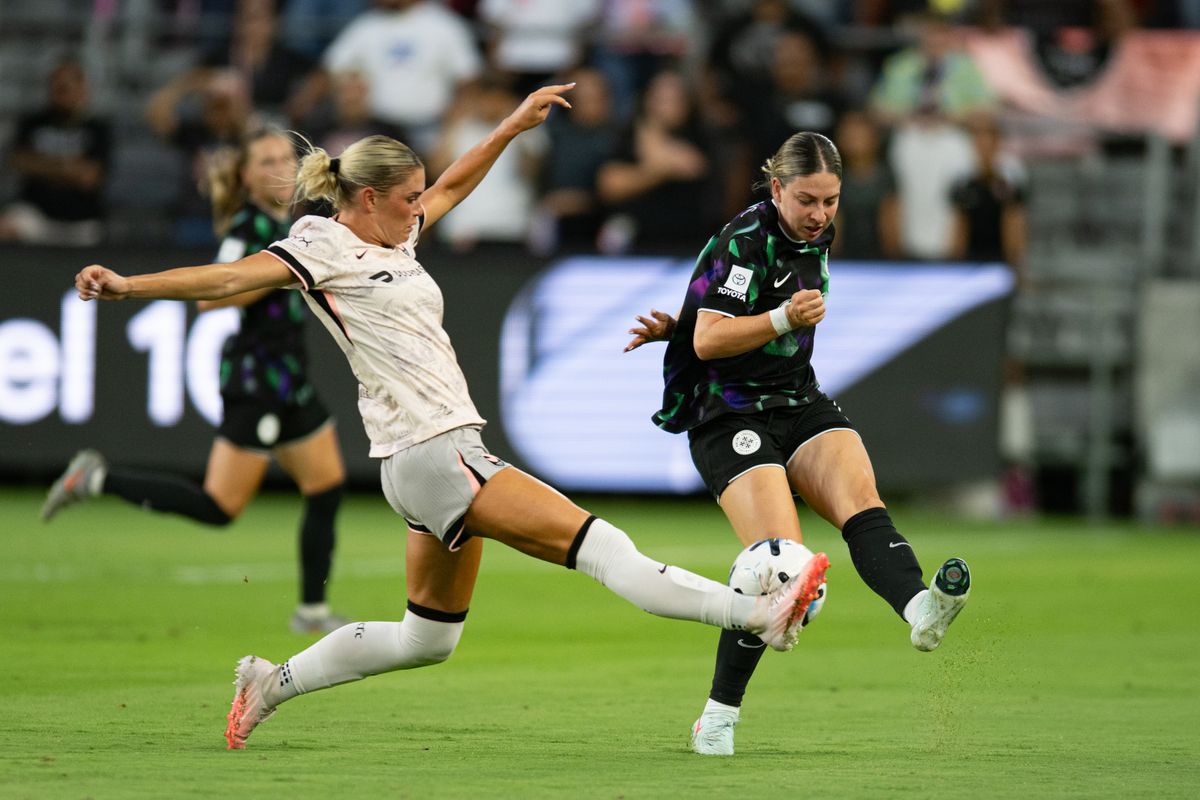 Angel City FC forward Riley Tiernan (33) blocks a pass during an NWSL match between Racing Louisville FC and Angel City FC on Sunday, July 27, 2026 at BMO Stadium, Los Angeles Calif