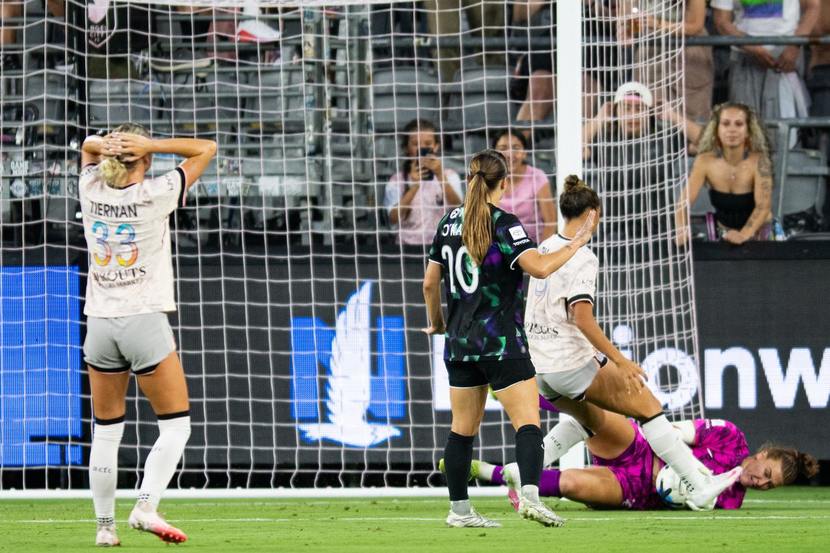 Racing Louisville FC goalkeeper Maddie Prohaska (1) makes a save during an NWSL match between Racing Louisville FC and Angel City FC on Sunday, July 27, 2026 at BMO Stadium, Los Angeles Calif