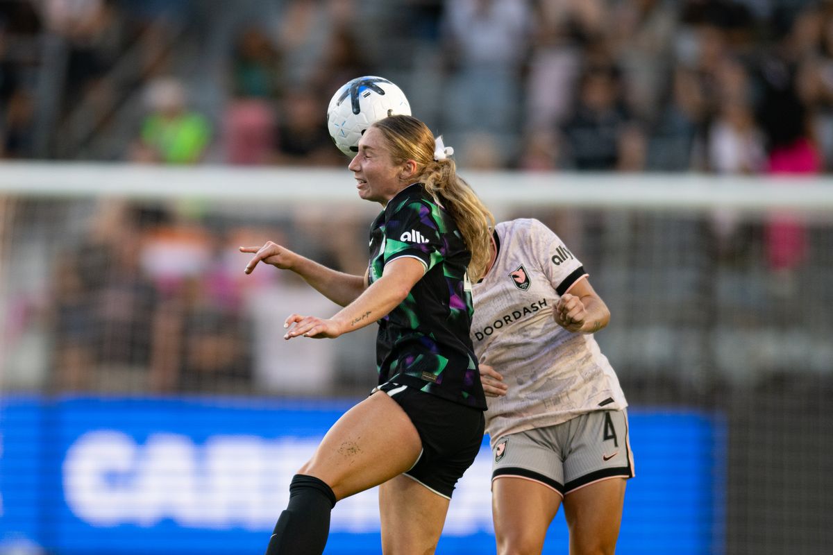 Racing Louisville FC forward Sarah Weber (42) heads the ball during an NWSL match between Racing Louisville FC and Angel City FC on Sunday, July 27, 2026 at BMO Stadium, Los Angeles Calif
