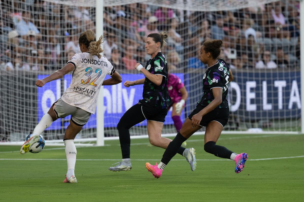 Angel City FC forward Sveindis Jonsdottir (32) attacks with the ball during an NWSL match between Racing Louisville FC and Angel City FC on Sunday, July 27, 2026 at BMO Stadium, Los Angeles Calif