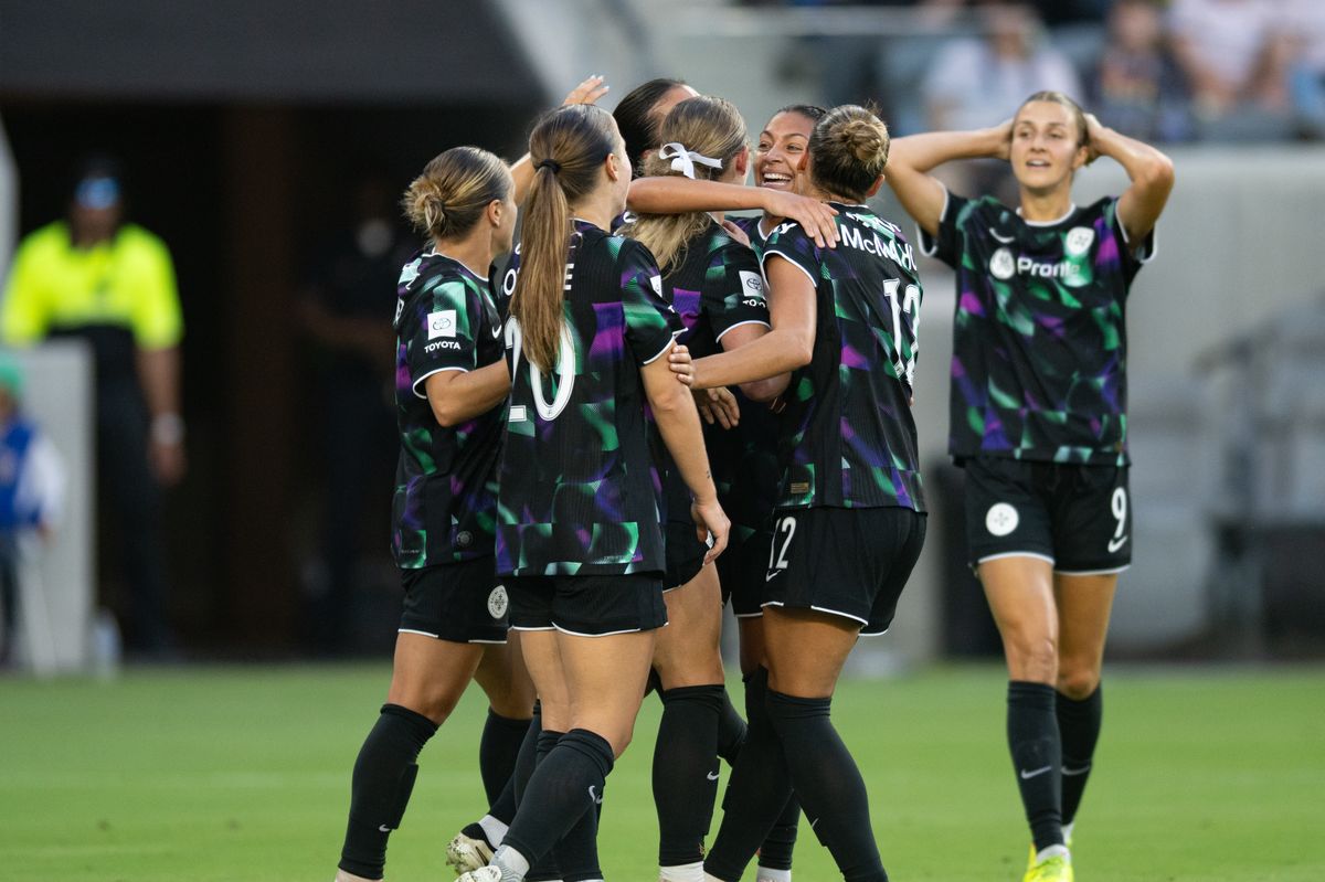 Racing Louisville FC players celebrate after scoring a goal during an NWSL match between Racing Louisville FC and Angel City FC on Sunday, July 27, 2026 at BMO Stadium, Los Angeles Calif