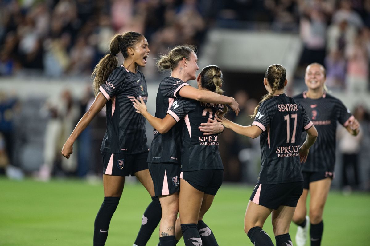 Angel City FC forward Sveindís Jónsdóttir (32) celebrates with teammates after a goal from Angel City FC defender Gisele Thompson (20) during an NWSL soccer game against Bay FC, Saturday, October 24, 2026 in Los Angeles. Angel City FC forward Sveindís Jónsdóttir (32) celebrates with teammates after a goal from Angel City FC defender Gisele Thompson (20) during an NWSL soccer game against Bay FC, Saturday, October 24, 2026 in Los Angeles.