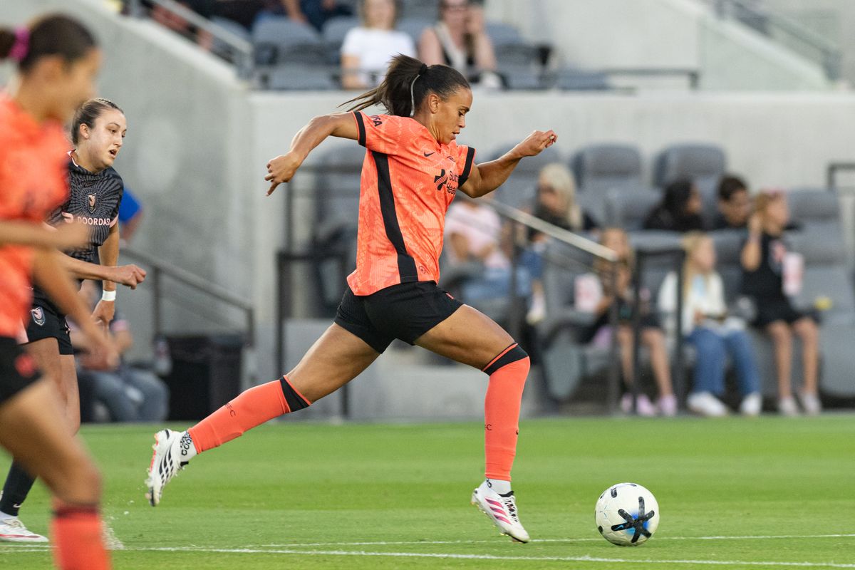Bay FC forward Karlie Lema (5) attacks with the ball during an NWSL soccer game against Angel City FC, Saturday, October 24, 2026 in Los Angeles. Bay FC forward Karlie Lema (5) attacks with the ball during an NWSL soccer game against Angel City FC, Saturday, October 24, 2026 in Los Angeles.