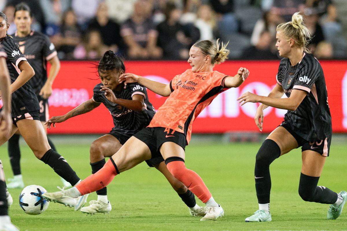 Bay FC midfielder Kennedy Fuller (47) makes a tackle during an NWSL soccer game against Angel City FC, Saturday, October 24, 2026 in Los Angeles. Bay FC midfielder Kennedy Fuller (47) makes a tackle during an NWSL soccer game against Angel City FC, Saturday, October 24, 2026 in Los Angeles.