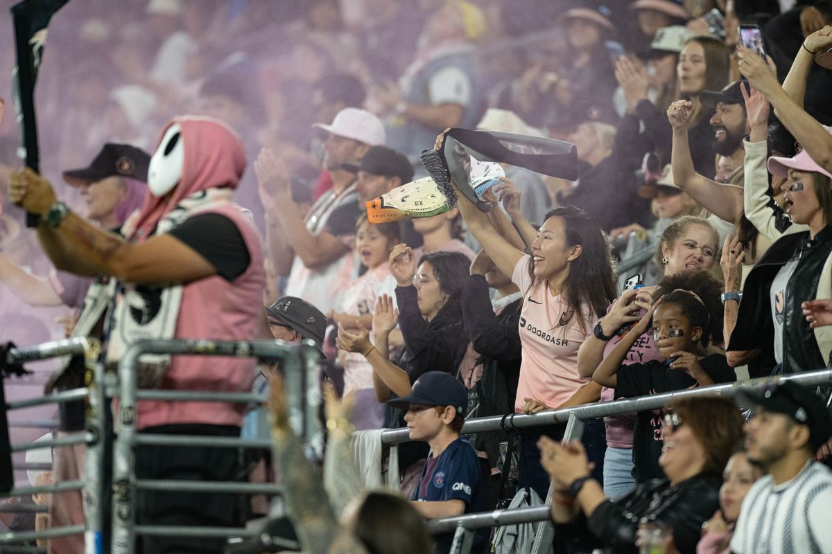 Angel City FC fans celebrate after the team scored a second goal during an NWSL soccer game against Bay FC, Saturday, October 24, 2026 in Los Angeles. Angel City FC fans celebrate after the team scored a second goal during an NWSL soccer game against Bay FC, Saturday, October 24, 2026 in Los Angeles.