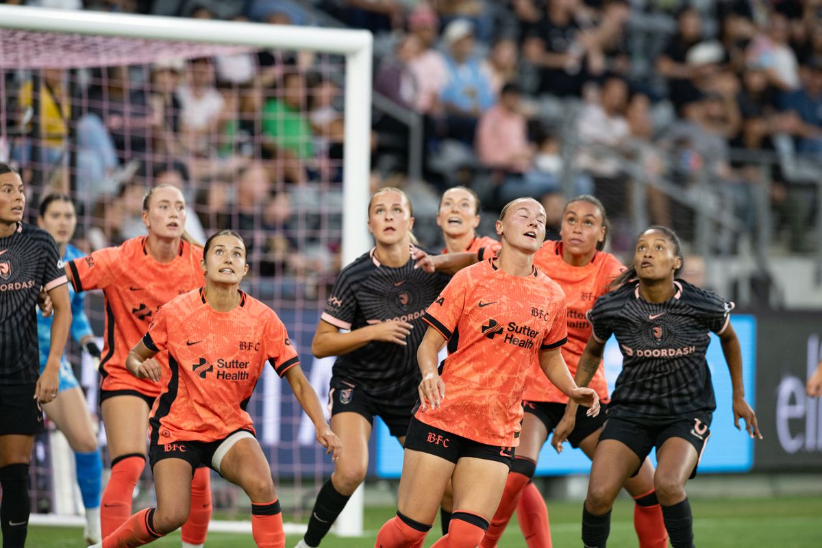 Bay FC players battle for position on a corner kick during an NWSL soccer game against Angel City FC, Saturday, October 24, 2026 in Los Angeles. Bay FC players battle for position on a corner kick during an NWSL soccer game against Angel City FC, Saturday, October 24, 2026 in Los Angeles.