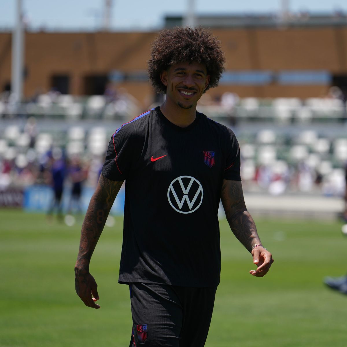 USMNT defender Chris Richards (#3) smiles during a training session in Irvine, California, on June 8, 2026, ahead of the 2026 FIFA World Cup. USMNT defender Chris Richards (#3) smiles during a training session in Irvine, California, on June 8, 2026, ahead of the 2026 FIFA World Cup.