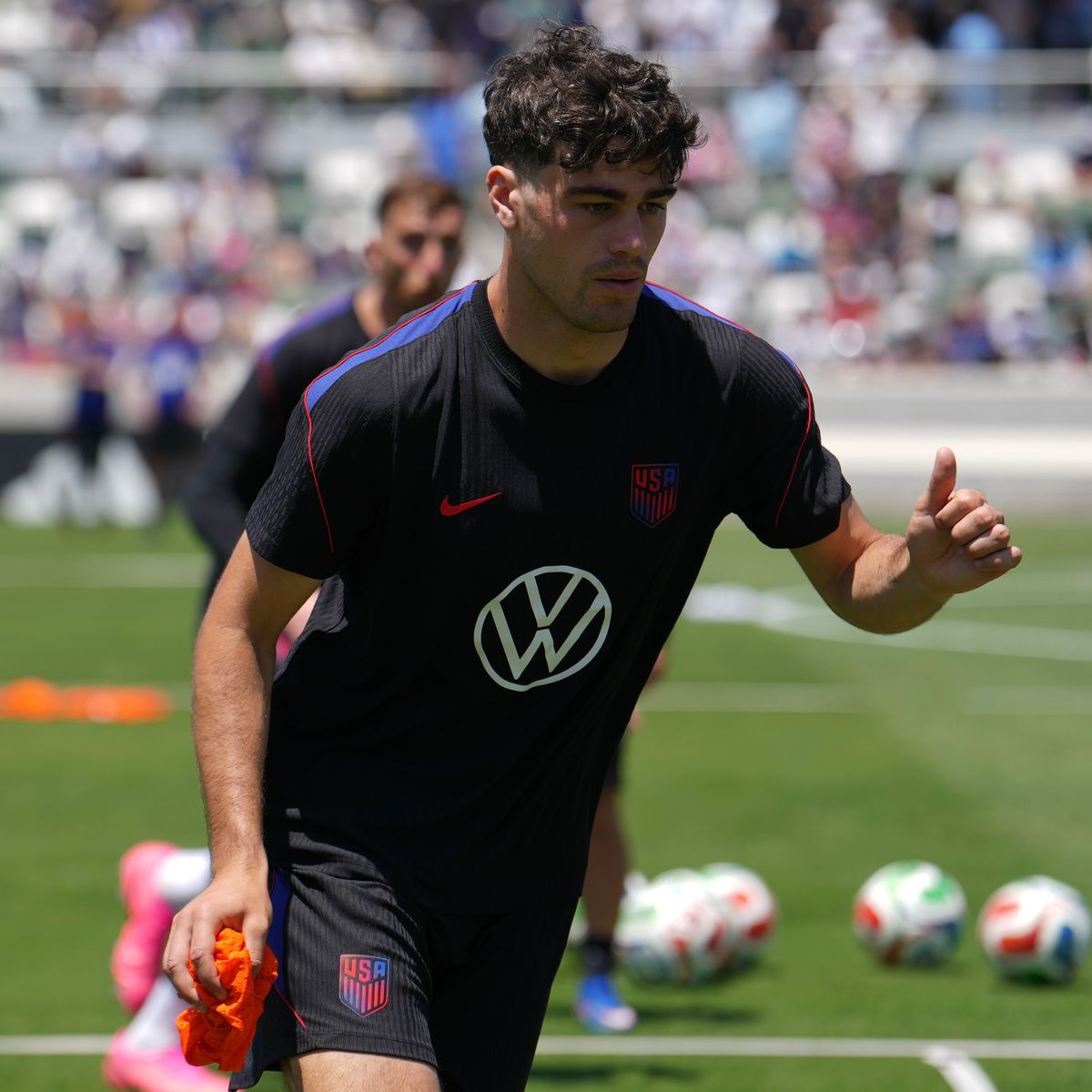 USMNT midfielder Gio Reyna (#7) participates in a training session in Irvine, California, on June 8, 2026, ahead of the 2026 FIFA World Cup. USMNT midfielder Gio Reyna (#7) participates in a training session in Irvine, California, on June 8, 2026, ahead of the 2026 FIFA World Cup.