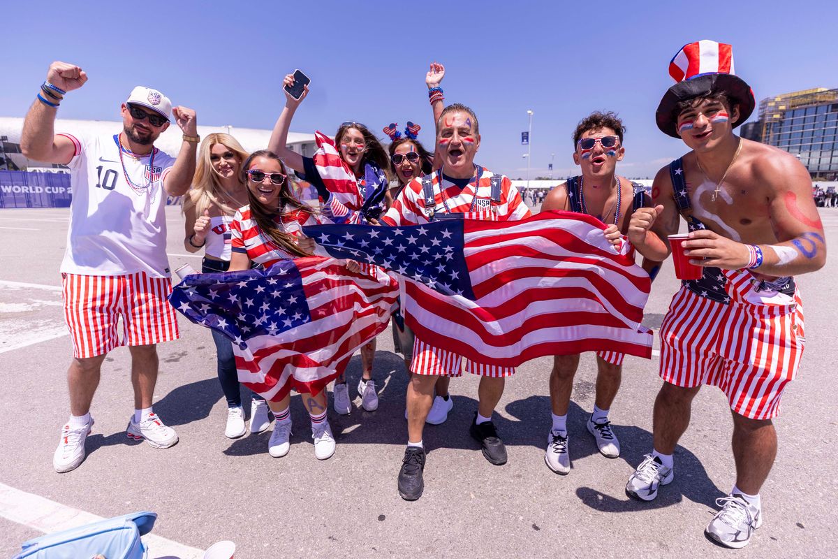 United States fans cheer outside of SoFi Stadium before a 2026 FIFA World Cup match between the United States and Paraguay, Friday June 12, 2026 in Inglewood, Calif.
