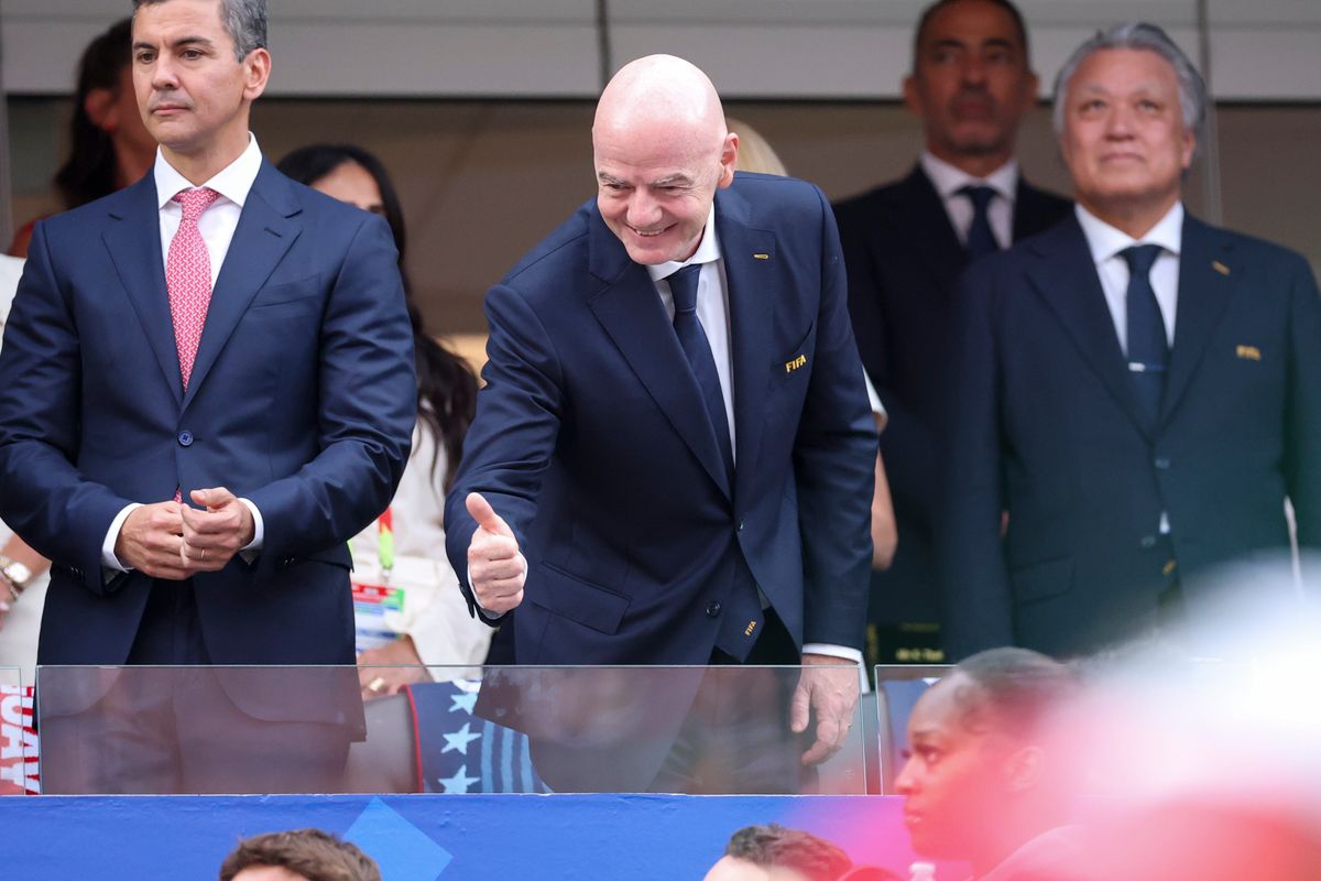 FIFA president Gianni Infantino gives fans a thumbs up before a 2026 FIFA World Cup match between the United States and Paraguay, Friday June 12, 2026 in Inglewood, Calif.