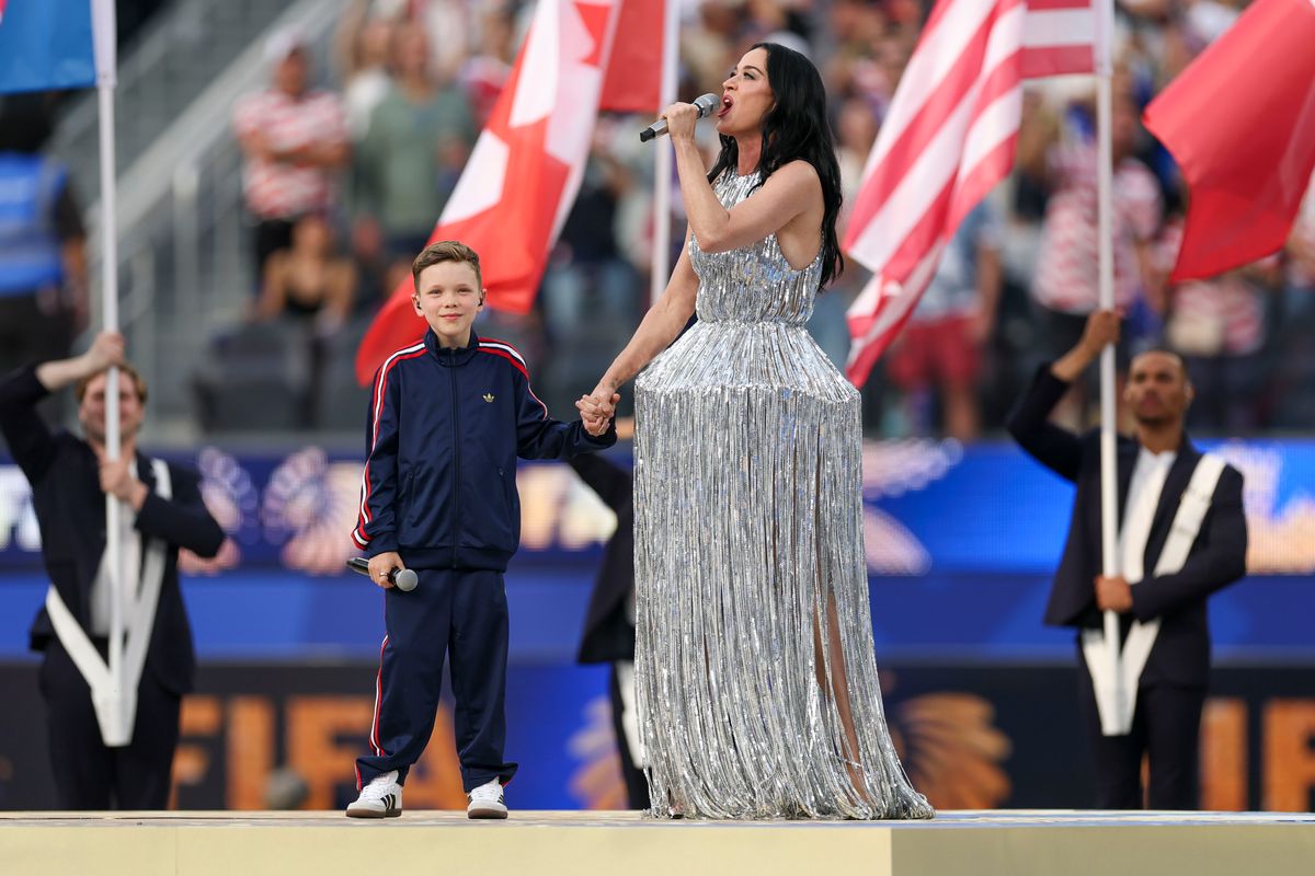 Singer Katy Perry performs on the field before a 2026 FIFA World Cup match between the United States and Paraguay, Friday June 12, 2026 in Inglewood, Calif.