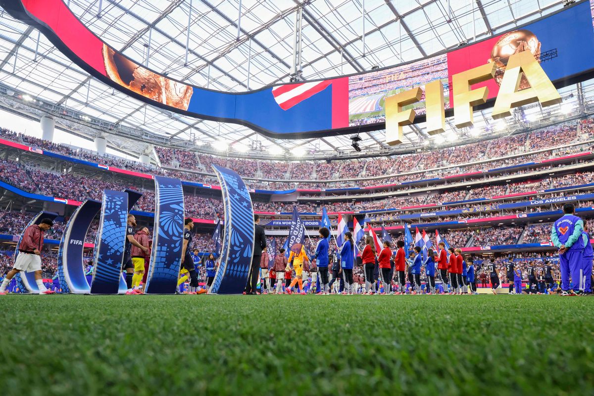 The players from the United States and Paraguay enter the field before their 2026 FIFA World Cup match, Friday June 12, 2026 in Inglewood, Calif.