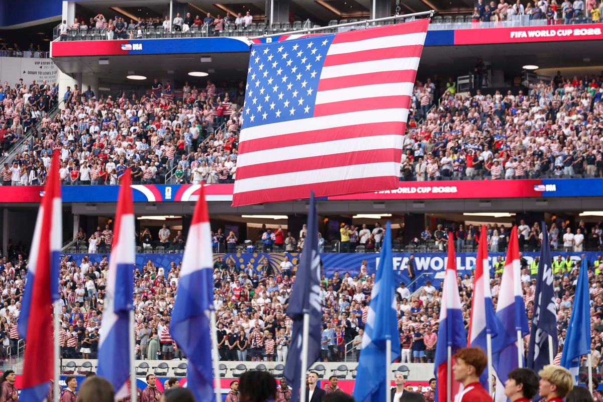 The flag of the United States is raised during the national anthem before a 2026 FIFA World Cup match between the United States and Paraguay, Friday June 12, 2026 in Inglewood, Calif.