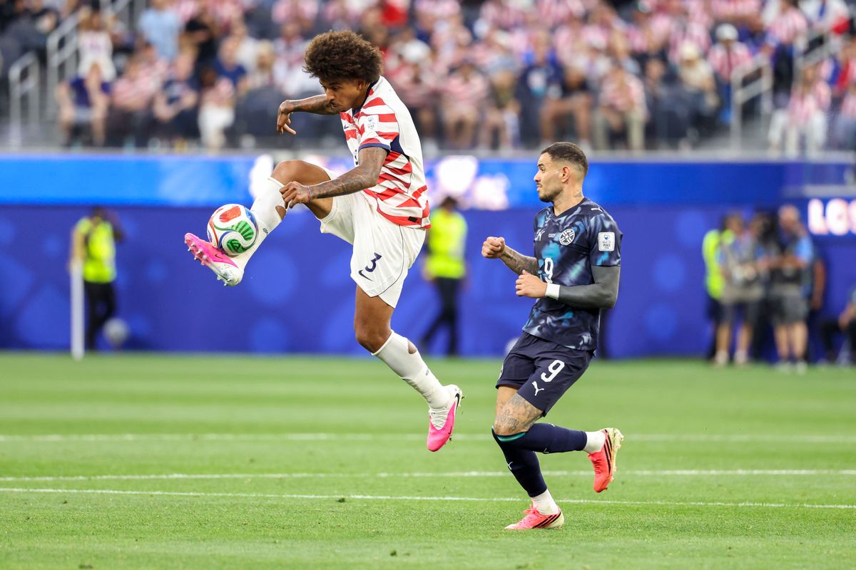 Chris Richards #3 of United States handles the ball during a 2026 FIFA World Cup match against Paraguay, Friday June 12, 2026 in Inglewood, Calif.