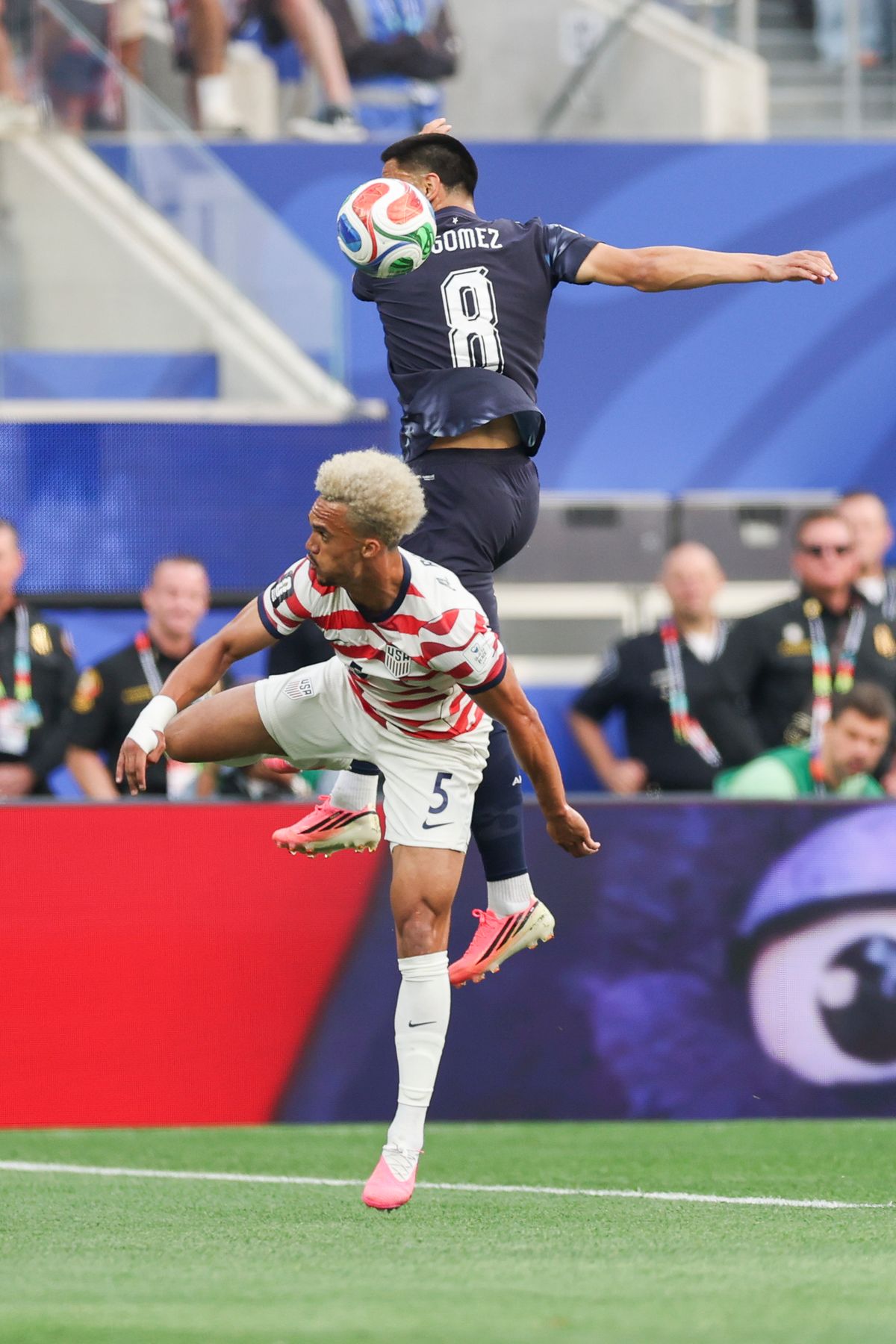 Antonee Robinson #5 of United States and Diego Gómez #8 of Paraguay compete for a ball during a 2026 FIFA World Cup match, Friday June 12, 2026 in Inglewood, Calif.