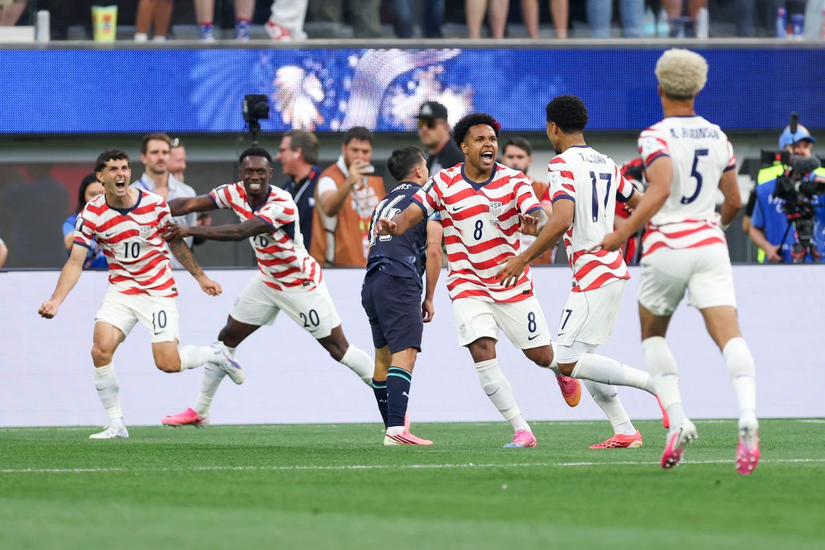The United States players celebrate a goal during a 2026 FIFA World Cup match against Paraguay, Friday June 12, 2026 in Inglewood, Calif.